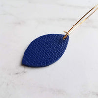 Blue Gold Earrings, royal blue earring, blue imitation leather earring, gold navy blue earring, faux leather cobalt leather leaf kidney hook - Constant Baubling