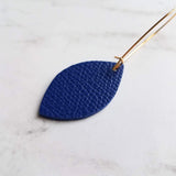 Blue Gold Earrings, royal blue earring, blue imitation leather earring, gold navy blue earring, faux leather cobalt leather leaf kidney hook - Constant Baubling