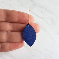Blue Gold Earrings, royal blue earring, blue imitation leather earring, gold navy blue earring, faux leather cobalt leather leaf kidney hook - Constant Baubling