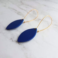 Blue Gold Earrings, royal blue earring, blue imitation leather earring, gold navy blue earring, faux leather cobalt leather leaf kidney hook - Constant Baubling