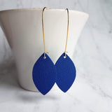 Blue Gold Earrings, royal blue earring, blue imitation leather earring, gold navy blue earring, faux leather cobalt leather leaf kidney hook - Constant Baubling