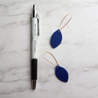 Blue Gold Earrings, royal blue earring, blue imitation leather earring, gold navy blue earring, faux leather cobalt leather leaf kidney hook - Constant Baubling