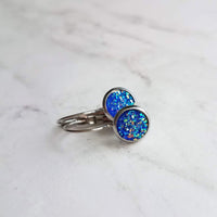 Cobalt Blue Earrings, stainless steel, hypoallergenic, royal blue, rough bumpy faux rock drusy, latching lever back hook, jagged iridescent - Constant Baubling