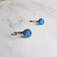 Cobalt Blue Earrings, stainless steel, hypoallergenic, royal blue, rough bumpy faux rock drusy, latching lever back hook, jagged iridescent - Constant Baubling