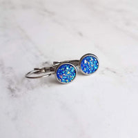 Cobalt Blue Earrings, stainless steel, hypoallergenic, royal blue, rough bumpy faux rock drusy, latching lever back hook, jagged iridescent - Constant Baubling