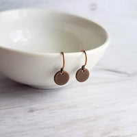 Copper Tag Earrings - small round disk, dark copper earrings, antique copper discs, copper sequin earrings, tiny copper earrings, little 8mm - Constant Baubling