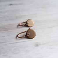 Copper Tag Earrings - small round disk, dark copper earrings, antique copper discs, copper sequin earrings, tiny copper earrings, little 8mm - Constant Baubling