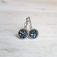 Metallic Blue Earrings - navy blue bumpy faux rock drusy/hypoallergenic stainless steel latching leverback - jagged iridescent drusy stone - Constant Baubling