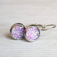 Purple Rock Earrings - light lilac rough bumpy faux rock drusy on steel latching leverback - jagged iridescent drusy stone imitation - Constant Baubling