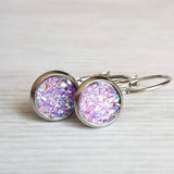 Purple Rock Earrings - light lilac rough bumpy faux rock drusy on steel latching leverback - jagged iridescent drusy stone imitation - Constant Baubling