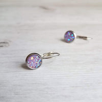 Purple Rock Earrings - light lilac rough bumpy faux rock drusy on steel latching leverback - jagged iridescent drusy stone imitation - Constant Baubling