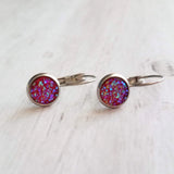Pink Red Drusy Earring - rough bumpy faux rock druzy/hypoallergenic stainless steel latching leverback - jagged iridescent stone imitation - Constant Baubling