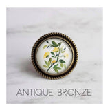 Yellow Flower Branch Ring - round large antique silver adjustable base - garden shades of green leaves/white background - size 7 8 9 10 - Constant Baubling