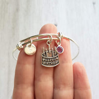 Happy Birthday Bracelet - adjustable silver bangle & cake charm, birthstone, personalized initial disk, keepsake jewelry, memento party gift - Constant Baubling