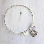 Happy Birthday Bracelet - adjustable silver bangle & cake charm, birthstone, personalized initial disk, keepsake jewelry, memento party gift - Constant Baubling