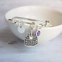 Happy Birthday Bracelet - adjustable silver bangle & cake charm, birthstone, personalized initial disk, keepsake jewelry, memento party gift - Constant Baubling