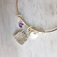 Happy Birthday Bracelet - adjustable silver bangle & cake charm, birthstone, personalized initial disk, keepsake jewelry, memento party gift - Constant Baubling