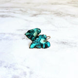 Aqua Leaf Earrings, 14K gold fill hooks, blue green leaf earrings, verdigris patina leaves, patina earrings, wavy leaf earrings large leaves - Constant Baubling