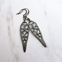 Long Bronze Earrings, antique brass earring, cathedral style earring, bronze filigree earring, cut out earring, inverted teardrop earring - Constant Baubling