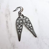 Long Bronze Earrings, antique brass earring, cathedral style earring, bronze filigree earring, cut out earring, inverted teardrop earring - Constant Baubling