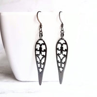 Long Gunmetal Earrings - cathedral style blackened silver filigree design w/ inverted teardrop shape - lightweight handmade everyday jewelry - Constant Baubling