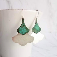 Large Leaf Earrings, .925 sterling silver hook, Asian earrings, double gingko earrings, patina earrings, mottled blue green earrings, rustic - Constant Baubling