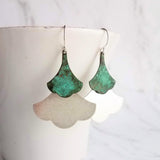 Large Leaf Earrings, .925 sterling silver hook, Asian earrings, double gingko earrings, patina earrings, mottled blue green earrings, rustic - Constant Baubling