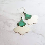 Large Leaf Earrings, .925 sterling silver hook, Asian earrings, double gingko earrings, patina earrings, mottled blue green earrings, rustic - Constant Baubling