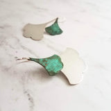 Large Leaf Earrings, .925 sterling silver hook, Asian earrings, double gingko earrings, patina earrings, mottled blue green earrings, rustic - Constant Baubling