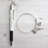 Sewing Charm Bracelet - seamstress hobby/tailor gift - silver adjustable bangle double loop wire w/ tiny sewing machine, scissors, button - Constant Baubling