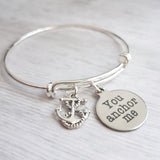 Love & Friendship Bracelet - you anchor me - silver wire adjustable bangle charm bracelet - support rock - wife/best girl friend gift - Constant Baubling