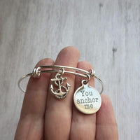 Love & Friendship Bracelet - you anchor me - silver wire adjustable bangle charm bracelet - support rock - wife/best girl friend gift - Constant Baubling