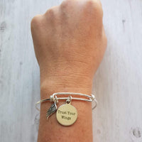 Graduation Jewelry - silver adjustable bangle double loop wire bracelet - Trust Your Wings charm - motivation, fly, encourage, take chances - Constant Baubling