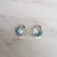 Blue Stud Earrings - glitter ombre silver to blue gradient facet cut in little round silver bezel - small simple sparkling everyday jewelry - Constant Baubling