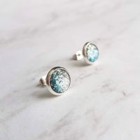 Blue Stud Earrings - glitter ombre silver to blue gradient facet cut in little round silver bezel - small simple sparkling everyday jewelry - Constant Baubling