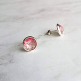 Pink Glitter Stud Earrings - glitter ombre gradient facet cut in little round silver bezel - small simple sparkling everyday jewelry - Constant Baubling