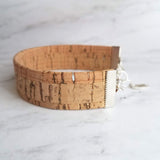 Cork Bracelet, silver adjustable chain, wide cuff bracelet, wide wood bracelet, flat cork bracelet, light brown wood bark wrap bracelet - Constant Baubling