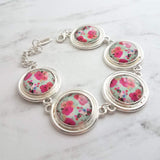 Watercolor Print Bracelet - silver charm style floral colorful pastel round bezels- adjustable chunky - unique flower garden/leaves - Constant Baubling