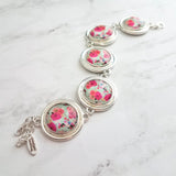 Watercolor Print Bracelet - silver charm style floral colorful pastel round bezels- adjustable chunky - unique flower garden/leaves - Constant Baubling