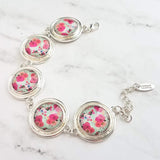 Watercolor Print Bracelet - silver charm style floral colorful pastel round bezels- adjustable chunky - unique flower garden/leaves - Constant Baubling