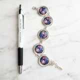 Flower Bracelet - chunky round silver bezel charms wuth adjustable chain - royal navy floral print - mothers day gift for her under 25 - Constant Baubling