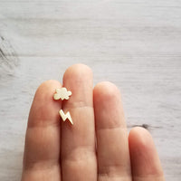 Lightning Cloud Stud Earrings, small gold stud, mismatched stud, rain storm earring, bolt earring, .925 sterling silver post weather earring - Constant Baubling