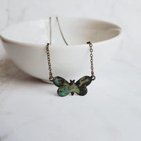 Small Butterfly Necklace, butterfly pendant, delicate chain, bronze necklace, antique brass necklace, patina butterfly, blue green butterfly - Constant Baubling