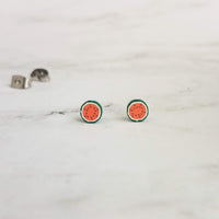 Little Watermelon Earrings, melon slice earring, watermelon stud, fruit studs, red green fruit slice earring, surgical steel posts, magnetic - Constant Baubling