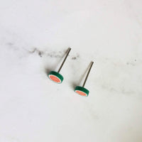 Little Watermelon Earrings, melon slice earring, watermelon stud, fruit studs, red green fruit slice earring, surgical steel posts, magnetic - Constant Baubling
