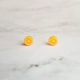 Orange Earrings, tiny orange studs, fruit earrings, orange slice earring citrus jewelry chef foodie Florida gift small round stainless steel - Constant Baubling