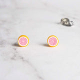 Grapefruit Earrings, tiny fruit slice earring, small fruit stud, grapefruit stud, surgical steel post, citrus fruit earring, little stud - Constant Baubling