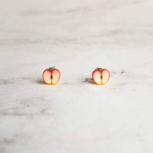 Apple Earrings - tiny red fruit slice on pierced surgical steel post - small little handmade foodie/teacher gift for hostess, chef, cook - Constant Baubling