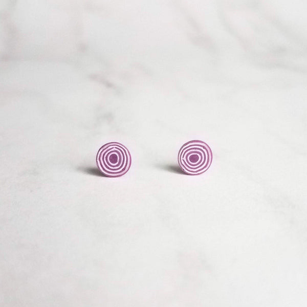 Red Onion Earrings - tiny little purple veggie slice on pierced surgical steel post - small handmade foodie gift for hostess, chef, cook - Constant Baubling