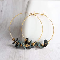 Gold Hoop Earrings, blue green aqua earrings, verdigris patina earrings, eucalyptus leaves, disk earrings, large hoop earring, disks on hoop - Constant Baubling